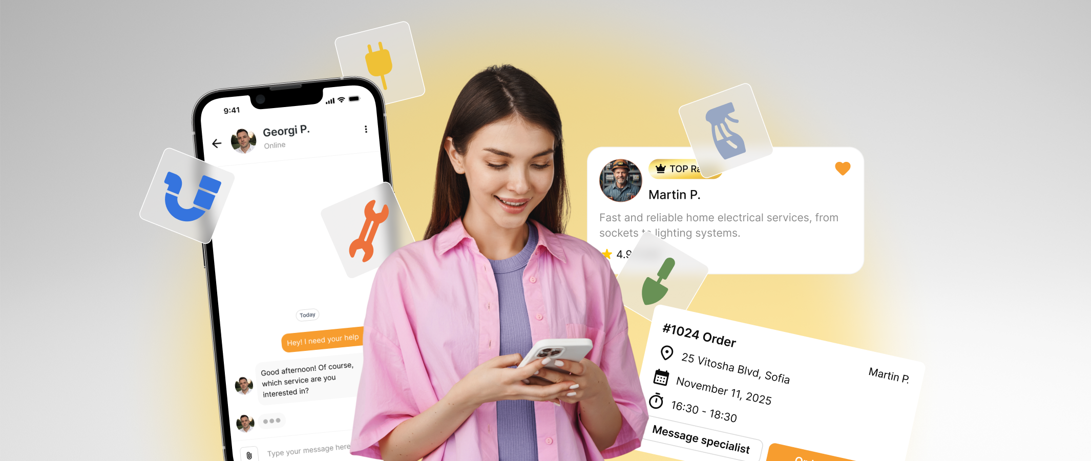 Woman booking a home service professional through the My Maestor mobile app
